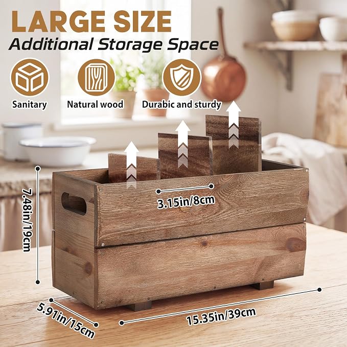 Chumia Extra Large Wooden Kitchen Utensil Holder Organizer for Counter Countertop, Farmhouse Rustic Utensil Holder Container for Storage Cooking Spoons Silverware Tools with 4 Compartments - Image 2