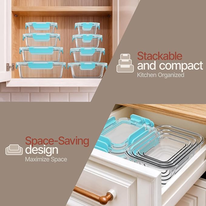 Bakken Borosilicate Glass Food Storage Containers with Lids 16 Pieces, BPA-Free Stackable Lunch & Leftover Containers, Microwave, Freezer & Dishwasher Safe, 100% Airtight Leak-Proof, Aqua - Image 9