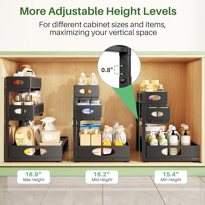 Kitstorack Under Sink Organizer 3-Tier Slide Out Drawer 2-Pack Black | Height Adjustable, Metal Mesh Storage Rack, Pull out Cabinet Organizer Shelf for Bathroom Kitchen Pantry Home Organization - Image 5