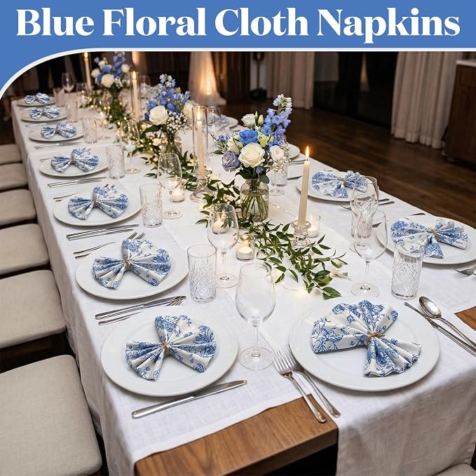 24 Pcs Floral Cloth Napkins 6 Patterns Washable Dinner Tea Party Napkins Reusable Plant Flowers Square Napkin Cotton Towel Decorative for Summer Wildflower Party(Blue Floral) - Image 7