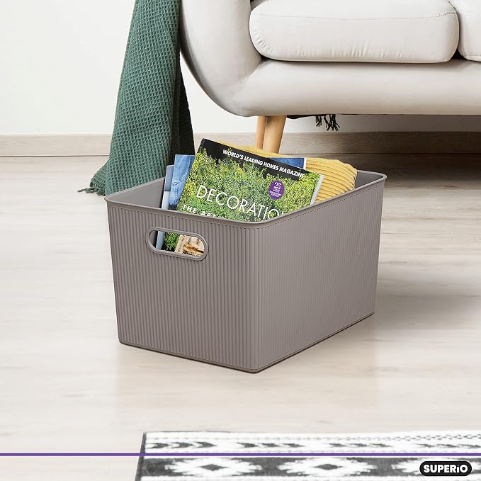 Superio Ribbed Collection - Decorative Plastic Basket Open Home Storage Bins Organizer, Taupe (Set of 3) 1 X-Large, 1 Large, 1 Medium - Container Boxes for Organizing Closet Storage Bins for Shelves - Image 3