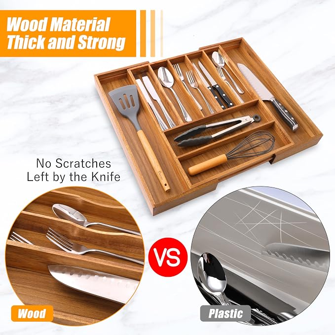 Large Premium Acacia Wood Silverware Organizer - Expandable Utensil Drawer Organizer - 17"x19.6" Utensil Holder and Cutlery Tray with Grooved for Kitchen Flatware Utensils(7-9 Slot, Acacia) - Image 5
