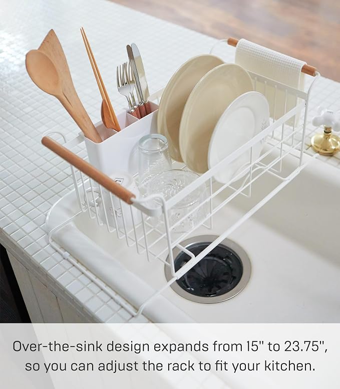 YAMAZAKI Home Over-The-Sink Dish Drainer Rack - Expandable Kitchen Drying Organizer Holder - No Assembly Req. | Expandable over-the-sink dish rack with plate drying organizer. Durable steel and wood construction. Built for daily use. - Image 4