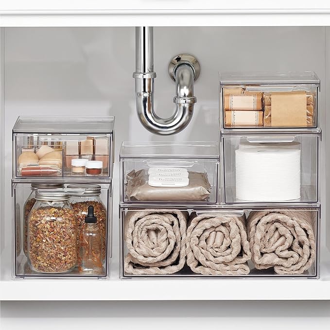 mDesign Plastic Stackable Bathroom Storage with Pull Out Bin Organizer Drawer for Cabinet, Vanity, Shelf, Cupboard, Cabinet, or Closet Organization - Lumiere Collection - 4 Pack - Clear - Image 2