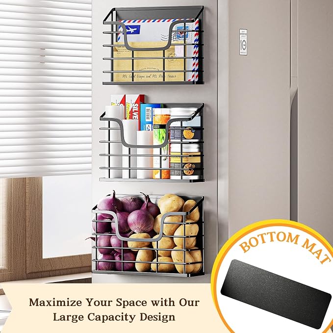 Magnetic Shelf for Fridge, 3 Pack Metal Fridge Organizer Baskets, Magnetic Cup Holder for Refrigerator, Fruit & Snack Storage, Magnetic Bin for Potatoes, Letters, Magazines, Kitchen & Laundry Room - Image 2