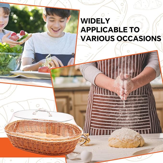 Rattan Bread Baskets, 2 Pack, Oval Woven Baskets with Acrylic Lids, 15.75 x 11.81 inches, Stainless Steel Tongs, Lace Doilies, for Bread, Fruit, Food Display - Image 7