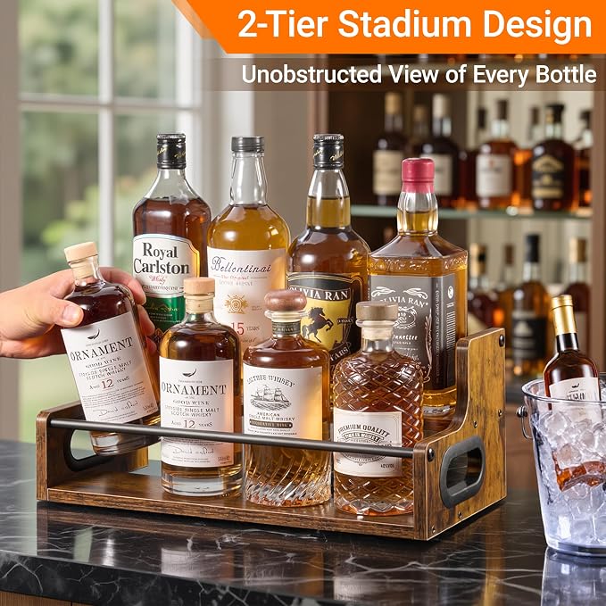 YQBRAO 2-Tier Liquor Bottle Display Shelf, 16-Inch, Rustic Brown | Holds up to 8 bottles with a shallow footprint for coffee corners, kitchens, small counters, and home bars. - Image 2