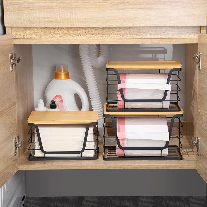 ALOCEO 3 Pack Stackable Storage Bins with Lids, Stainless Steel Trash Bag Dispenser Roll Holder for for Kitchen Sink, Laundry, Pantry Organizer and Storage - Image 5