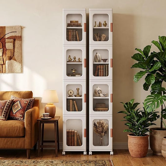 4-Tier Tall Narrow Plastic Storage Cabinet of 2, Foldable | Rolling Organizer with Lid,Doors,Stackable, Adjustable Shelves, Durable PP,Freestanding Bathroom Cabinet for Small Slim Space by AvaloomiaHome