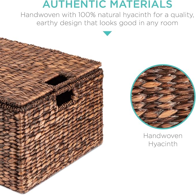 Best Choice Products Set Of 3 X-Large Multipurpose Hyacinth Storage Baskets, Handwoven Rectangular Organizer Totes for Bedroom, Living Room W/Insert Handles, Removable Lid - 21.5", 18", 15" - Brown - Image 4
