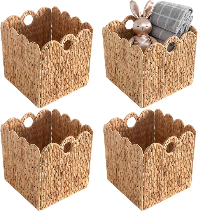 Scalloped Wicker Storage Cubes Basket, 12”x12“ Heavy Duty Paper rope/Hyacinth/Seagrass Baskets for Shelves, Foldable Natural Boho Square Bins (Water Hyacinth&10.5 x 10.5 x 10.5in&4-Pack) by Unknown