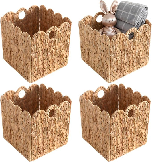 Scalloped Wicker Storage Cubes Basket, 12”x12“ Heavy Duty Paper rope/Hyacinth/Seagrass Baskets for Shelves, Foldable Natural Boho Square Bins (Water Hyacinth&12 x 12 x 12in&4-Pack) by Unknown