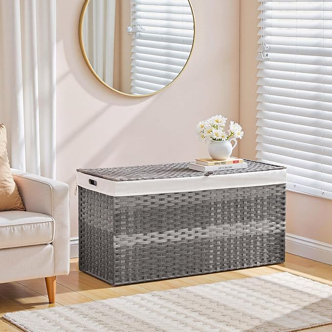 HOOBRO Storage Basket with Lid, 52.8 Gallon (200L) Wicker Basket, Handwoven Blanket Storage Basket with Handles, Metal Frame and Soft Lining, Foldable for Bedroom, Laundry Room, Gray GY220CW01 - Image 2