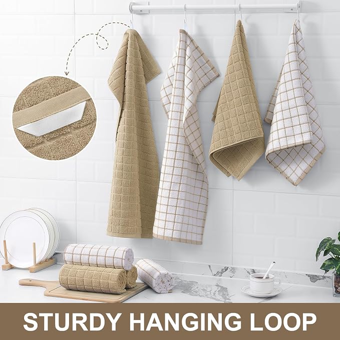 Homaxy Large Premium Cotton Kitchen Towels 16"x 28", 6 Pack, Tan | Natural Ring Spun 390 GSM Dish Towels, Super Absorbent Terry Kitchen Hand Towels, Soft Tea Towels with Hanging Loop - Image 6