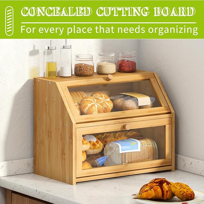 BMOSU Farmhouse Bread Box for Kitchen Countertop Bread box Double Layer Bamboo Wooden Extra Large Capacity Bin Kitchen Food Storage Container(Natural) - Image 3