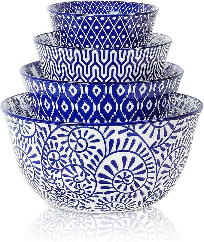 Selamica Ceramic Mixing Bowls, Nesting Bowls Set of 4 for Mixing, Baking, Prepping, Cooking, Salad, 20/36/60/123 oz, Microwave & Dishwasher Safe, Vintage Blue by Selamica