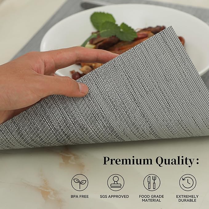 Leetaltree Grey Placemats, Heat Resistant Non-Slip Place mats for Dining Table, Washable Durable PVC Vinyl Woven Table Mats (Set of 8) - Image 2