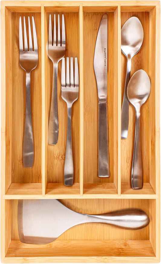 BergHOFF Bamboo Flatware Organizer 5-slot, 13.5" x 8.25", Natural, Fit in any size of drawer, great for spoons, forks, knives, scissors, peelers, chef tools | Skinny Silverware Organizer for Narrow Kitchen Drawers, 5 Compartment Cutlery Tray & Utensil ... by BergHOFF