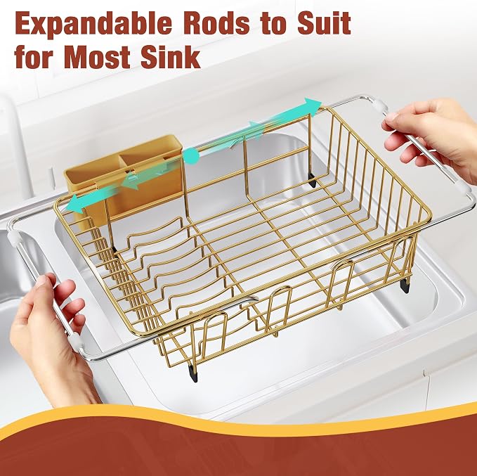 JASIWAY Gold Dish Drying Rack in Sink, Dish Drainer with Utensil Holder | Over The Sink Expandable Stainless Steel Strainer Dryer Rack for Small Kitchen, Counter Space Saving, Fast Drain, Rustproof - Image 4