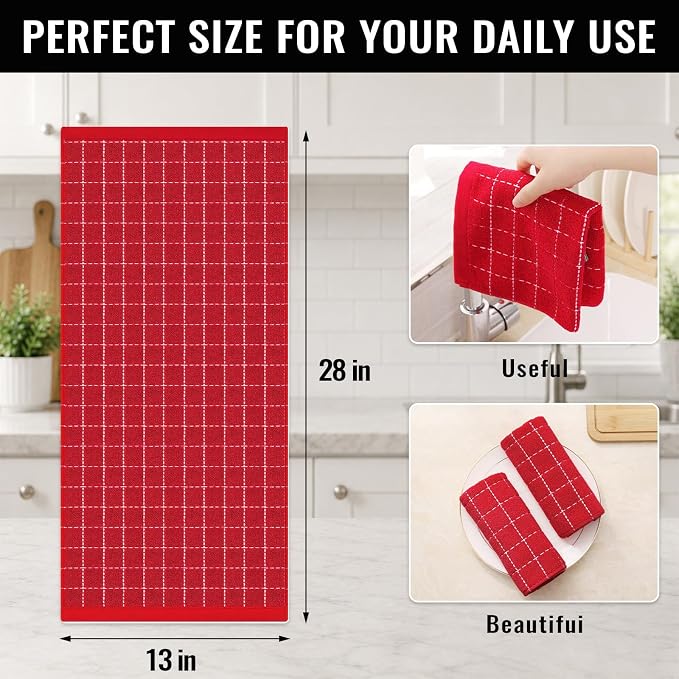 Kitinjoy 100% Cotton Terry Kitchen Towels, 13”x 28”, 8-Pack, Red | Checkered Designed, Ultra Soft Absorbent Quick Drying Dish Towels - Image 4