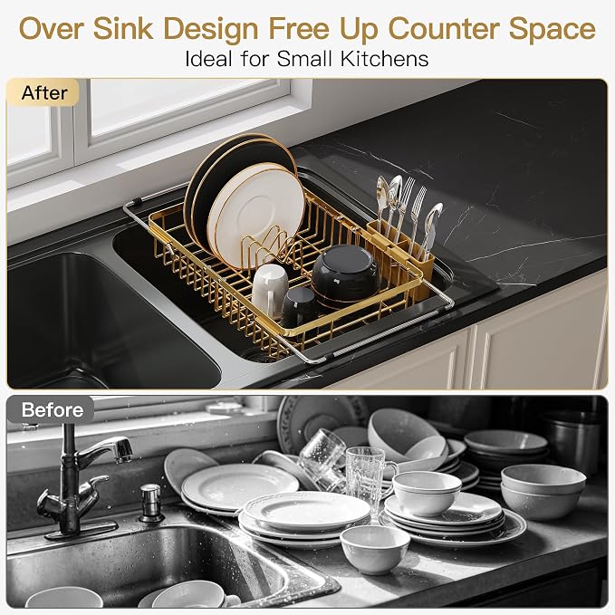 JASIWAY Gold Dish Drying Rack Over the Sink with Utensil Holder | Expandable Stainless Steel Dish Driainers for Small Kitchen, Counter Space Saving, Fast Drain, Rust Resistant, For Apartment - Image 2