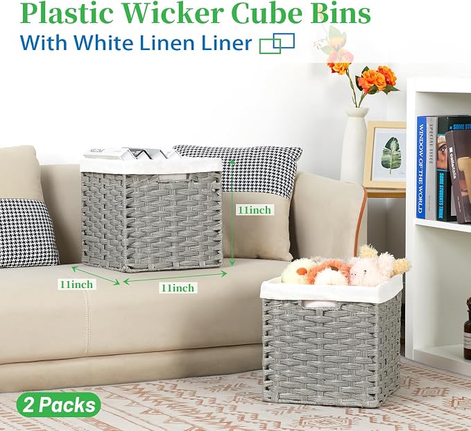 Bidtakay Wicker Cube Baskets with Liners Cube Storage Organizer for Shelves Closet 11 inch 2 Pack Decorative Hand-Woven Imitation Wicker Storage Bins for Organizing Pantry Bedroom Light Grey - Image 2