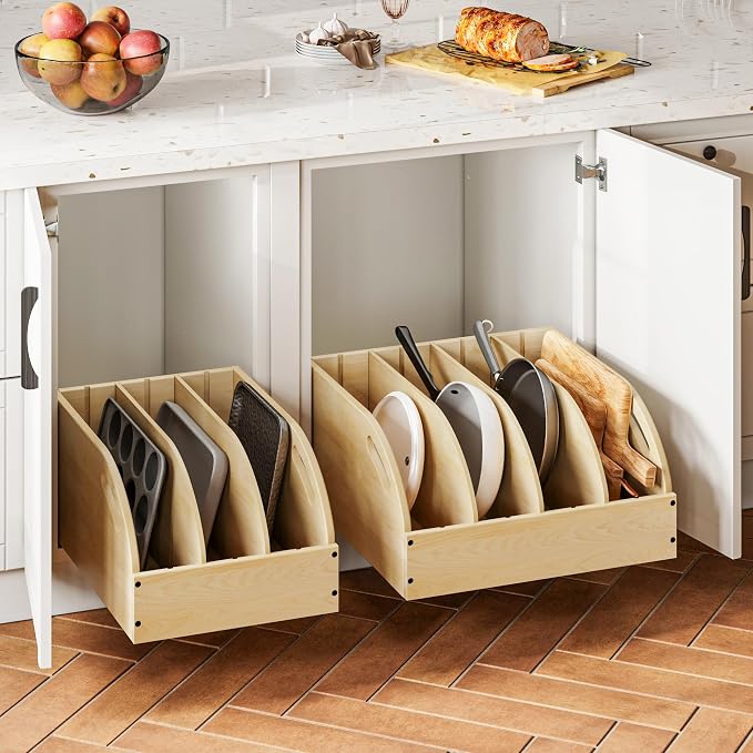 WelFurGeer Birchwood Pot and Pan Organizer with Soft-Close Drawer, Pull Out Cabinet Organizer, Heavy-Duty Slide-Out Storage for Baking Sheets, Cutting Boards, and Kitchen Utensils - Image 2