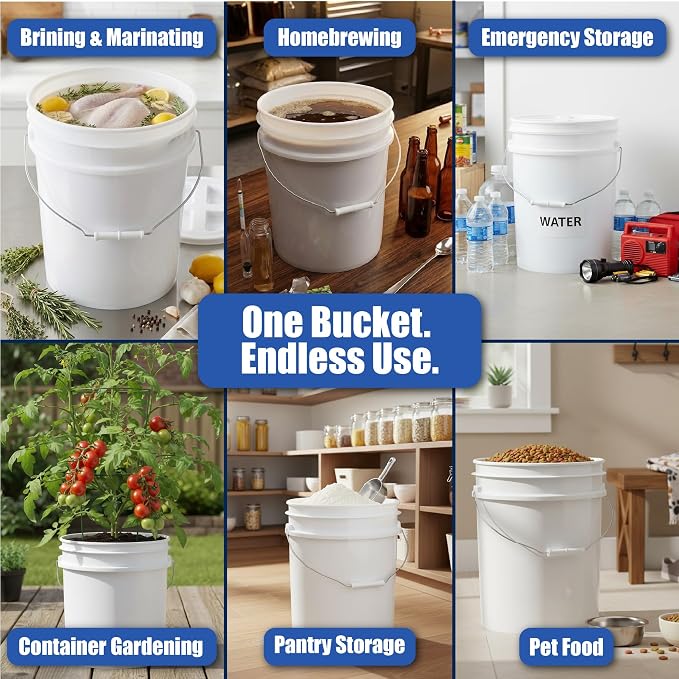 5 Gallon Bucket - Food Grade w/Lid BPA-Free, 6 Pack - White | Airtight Gasketed Tear Strip Lid, Heavy-Duty 90 Mil HDPE Plastic Pail, Bulk Storage, Food Safe Durable Container, Made in USA - Image 3