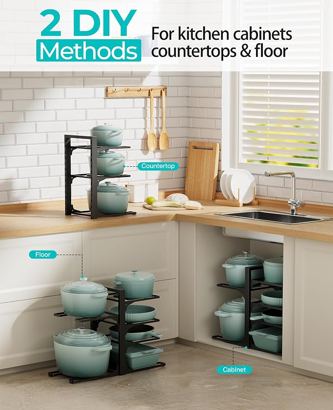 Pots and Pans Organizer Under Cabinet 13.8", 6-Tier Adjustable Rack | 2 DIY Modes, Tool-Free Assembly, Max 90 Lbs, Fits Cast Iron Pans, Dutch Ovens & Heavy Cookware, For Kitchen Cabinets - Image 3