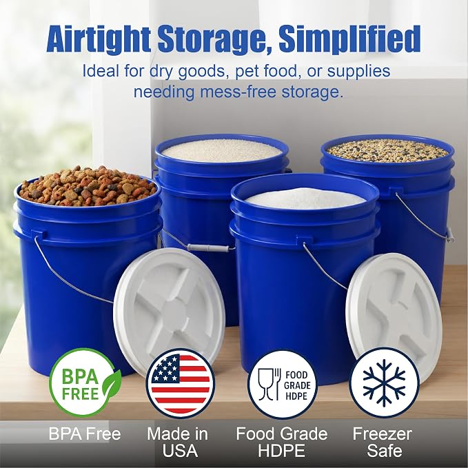 5 Gallon Bucket - Food Grade w/Lid BPA-Free, Blue/White, 3 | Airtight Gamma Seal Screw-On Lid, Heavy-Duty 90 Mil HDPE Plastic, Food Safe and Durable Container, Bulk Storage, Made in USA - Image 2