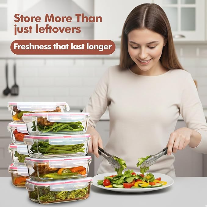 Razab 16 Pc (Set of 8) 30 Oz Glass Meal Prep Containers with Lids, Airtight Large Glass Food Storage Containers, Reusable Leak Proof BPA Free, Freezer to Oven and Dishwasher Safe - Image 2