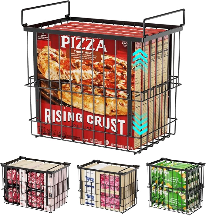 Freezer Organizer Bins - Height-Adjustable Holds 12" Pizza, 4 Pack | Extra Large, Stackable For 5 to 7 Cu. Ft Chest Freezers, Easily Sort and Get Frozen Foods with Handles, No Digging, Black by iSPECLE