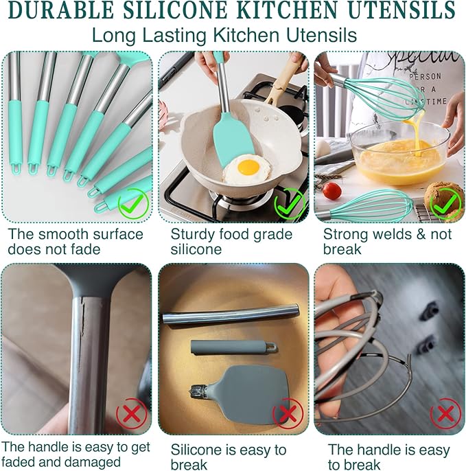 Silicone Cooking Utensil Set, Umite Chef 15pcs Silicone Cooking Kitchen Utensils Set, Non-stick - Best Kitchen Cookware with Stainless Steel Handle - Green - Image 3