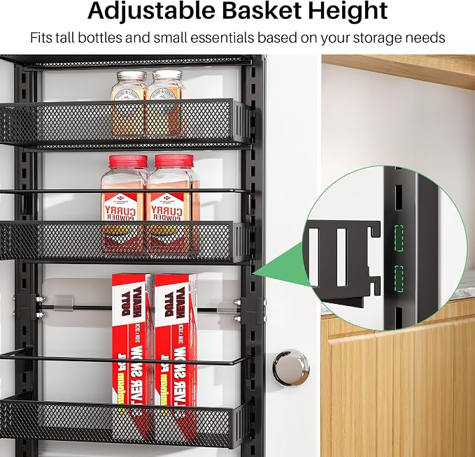SNTD 8 Tiers Narrow Over the Door Organizer, 12.3"W x 4.7"D x 69"H, Black | Pantry Door Organizers and Storage, Height Adjustable Spice Rack, Dense Mesh Baskets, Anti-Swing, Adjustable Door Fastener - Image 7