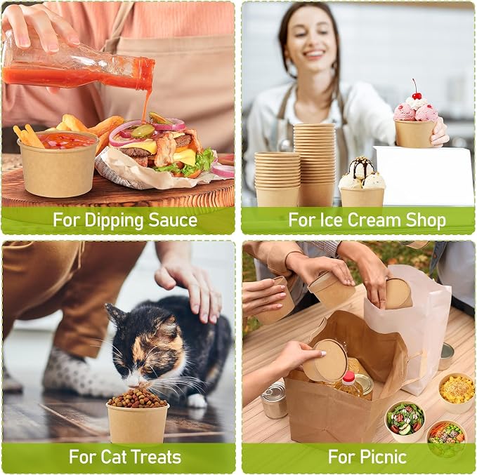 Fulmoon 100 Pack Paper Soup Containers with Lids Disposable Paper Food Containers with Vented Lid Kraft Ice Cream Cake Dessert Cups Soup Bowl for Party Hot Food Fruit Microwave(5 oz,Brown) - Image 5