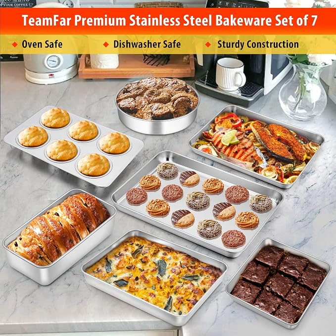 TeamFar Stainless Steel Bakeware Set of 7 | Baking Sheet & Toaster Oven Pan, Square & Round Cake Pan, Muffin Pan & Loaf Pan, Lasagna Pan, Healthy & Sturdy, Easy Clean - Image 3