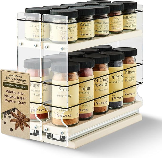 Narrow Pullout Spice Rack - Sliding Drawer for Kitchen Organization - Pantry Organizers and Storage - 2 Drawers & 2 Tiers - 10 Spice Jar Capacity (4.6" W x 9.25" H x 10.6" D, Cream) by VerticalSpice