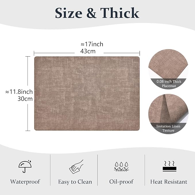 FROMHEART Faux Leather PU Placemats Set of 6 (Dark Coffee,11.8" x 17") | Waterproof,Heat/Oil Stain-Resistant Table Mat–Reversible,Non-Slip,Easy to Clean Place Mats for Kitchen,Dining,Indoor/Outdoor - Image 3