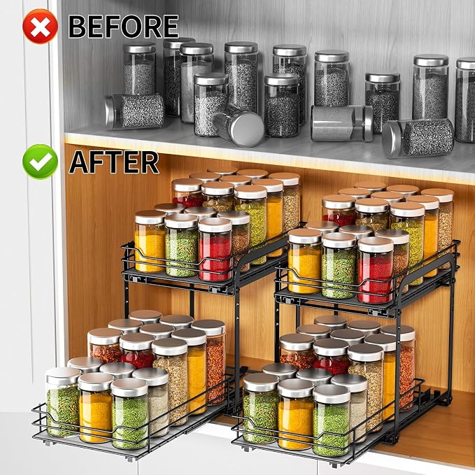 RCHYFEED 2 Tier Pull Out Spice Rack for Cabinet,7.5" Wx10.5 Dx9.5 H | Height Adjustable Spicy Shelf Metal Slide Out Spice Rack Heavy Duty Vertical Spice Shelf for Inside Cabinets & Pantry - Image 2