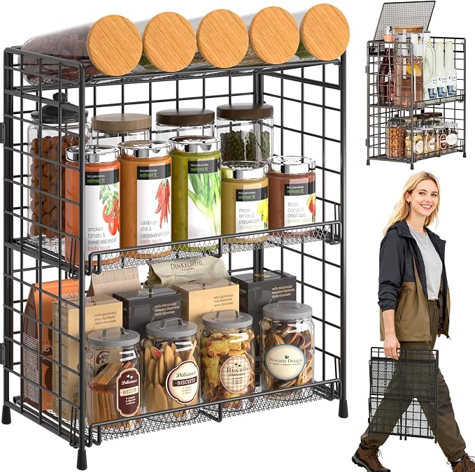 DTUQYX Spice Rack Organizer for Countertop, 3-Tier Large Capacity Foldable Metal Counter Seasoning Storage, Easy to assemble, Shelf with Guardrail and Mesh Design for Bathroom, Kitchen, Cabinet, RVs by DTUQYX