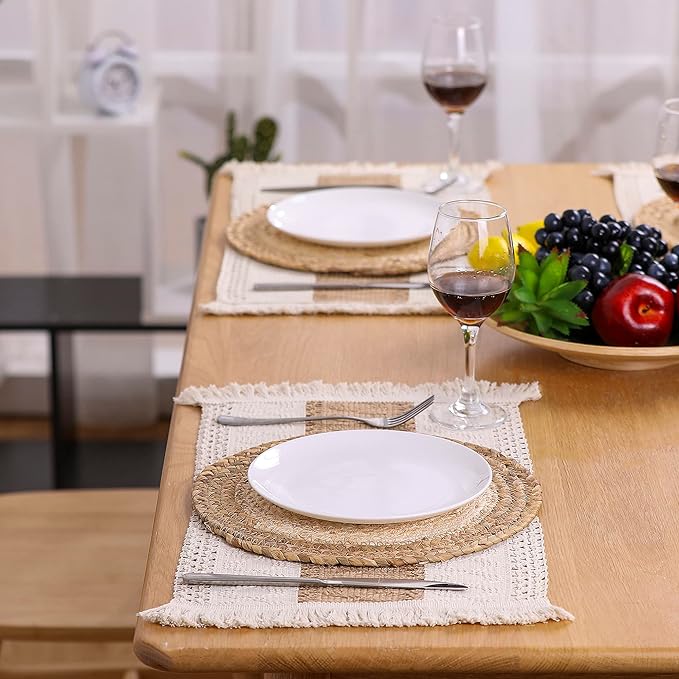 Handmade Boho Placemats Set of 4 - Natural Cotton Burlap and Water Straw Woven Combination Table Mats, Macrame Décor and Farmhouse Style Placemats, for Dining Table Kitchen - Image 6