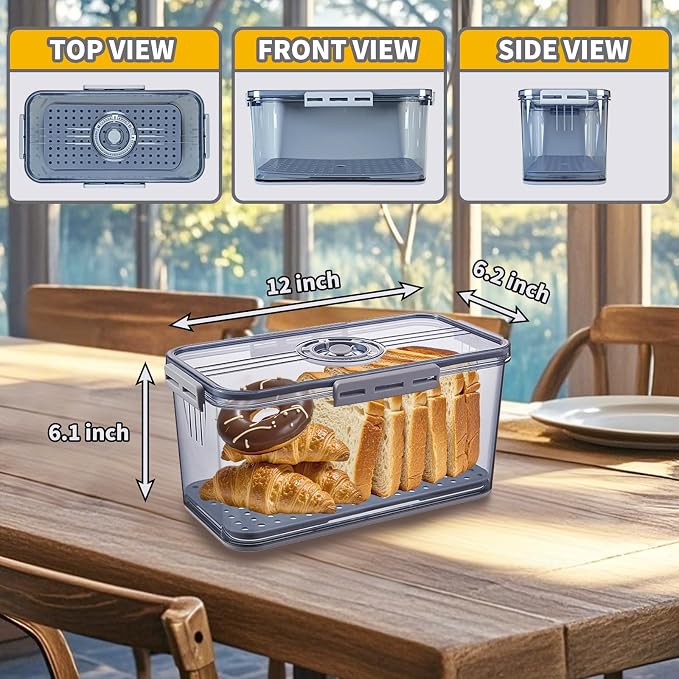 Airtight Bread Box for Kitchen Countertop, Gray, 2 PCS | Time Recording Dial, Multi-Use Food Storage, Container with Lid, Draining Tray, For Homemade Bread, Sourdough, Toast, Cookies - Image 2