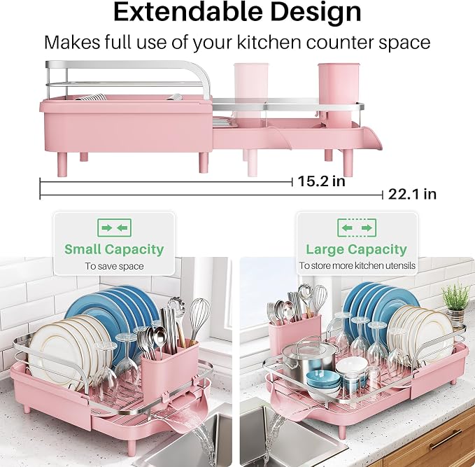 SNTD Dish Drying Rack, Expandable Dish Rack for Kitchen Counter, Stainless Steel Dish Drainer with Drainboard Set and Utensil Holder (Pink) - Image 3