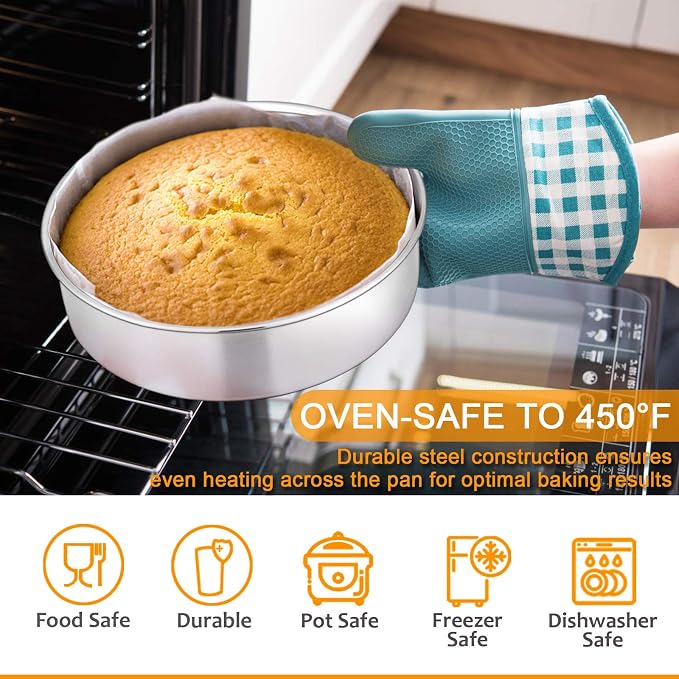 E-far Stainless Steel Baking Pan Set, 9-Piece Bakeware Sets for Cake Cookie Loaf Muffin, Include Round, Square, Rectangle Baking Sheet Pan with Lid & Cooling Rack, Dishwasher Safe - Image 3