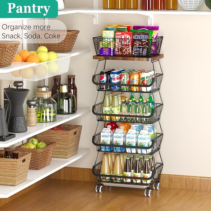 CHLORYARD Fruit Basket with Wooden Lid for Kitchen, 5-Tier Stackable Wire Fruit Vegetable Storage Basket Organizer Stand on Wheel, Produce Basket Potato Onion Storage Bins Rack Cart for Pantry - Image 4