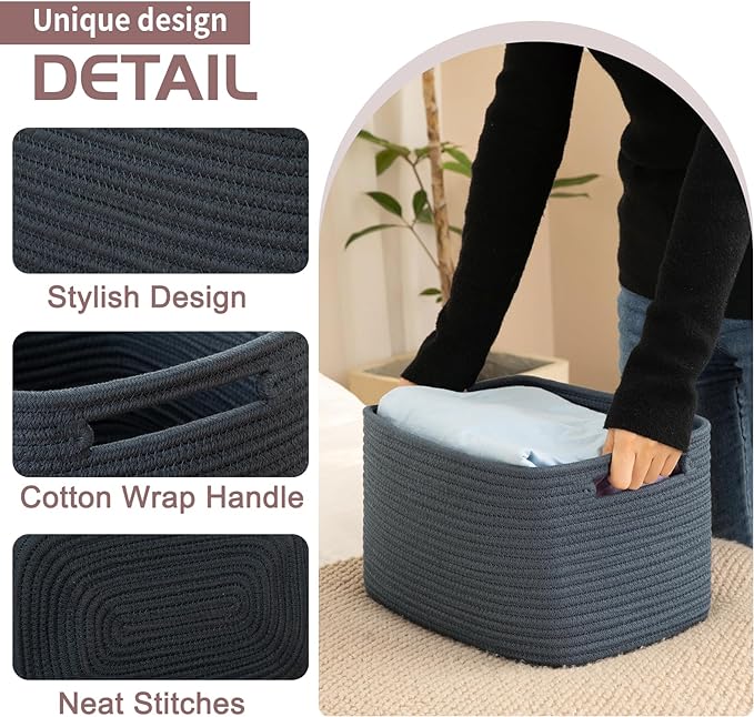 OIAHOMY 4 Pack Storage Baskets for Organizing, Cube Storage Bins for Shelves, Rectangle Storage Baskets With Handles, Woven Baskets for Storage, 12.7''Lx9''Wx7.8''H, Blue - Image 3