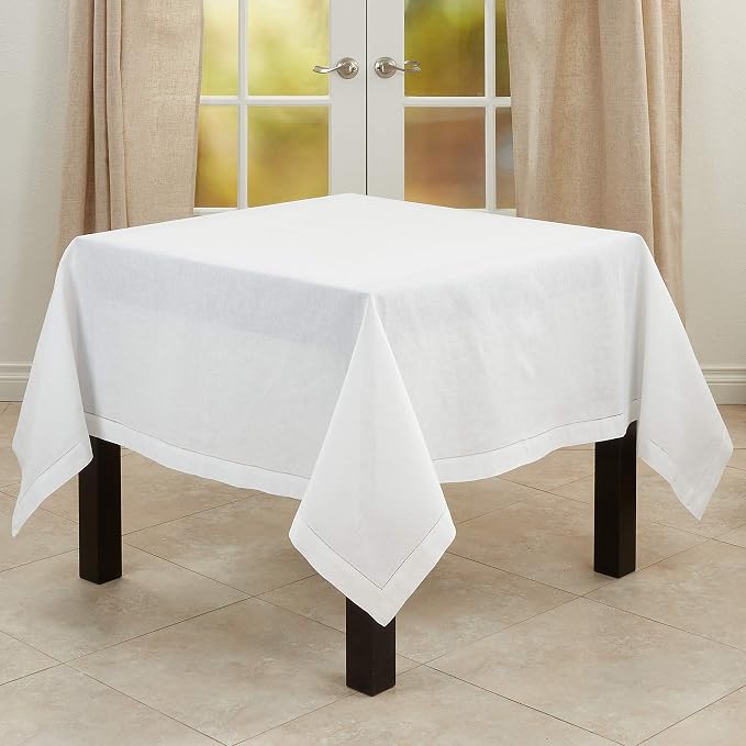 SARO LIFESTYLE Hemstitched Tablecloth - Linen Blend Tablecloth for Weddings, Holiday Dining, Dinner Parties & Everyday Table Décor, 72"x72", White by SaroLifestyle