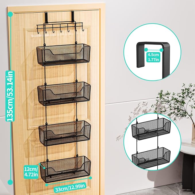 HapiRm Over The Door Organizer - Hanging Door Organizer with 4 Metal Large Capacity Baskets and Adjustable Coat Hook for Bathroom Bedroom Kitchen Pantry Closet Cabinet - Image 3