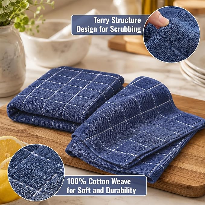Kitinjoy 100% Cotton Terry Kitchen Towels, 13”x 28”, 6-Pack, Navy Blue | Checkered Designed, Ultra Soft Absorbent Quick Drying Dish Towels - Image 2