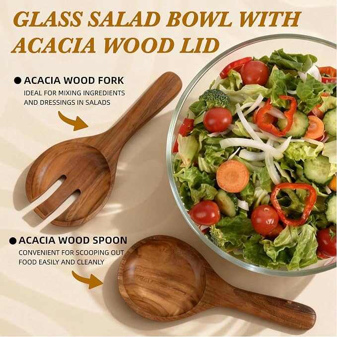 Glass Salad Bowl with Lid, 9.8" Large Glass Mixing Bowls with Acacia Wood Lids Set & Serving Utensils, 200oz Trifle and Serving Bowl for Salads, Fruit, Pasta, Dessert, Popcorn, Microwave Safe - Image 5